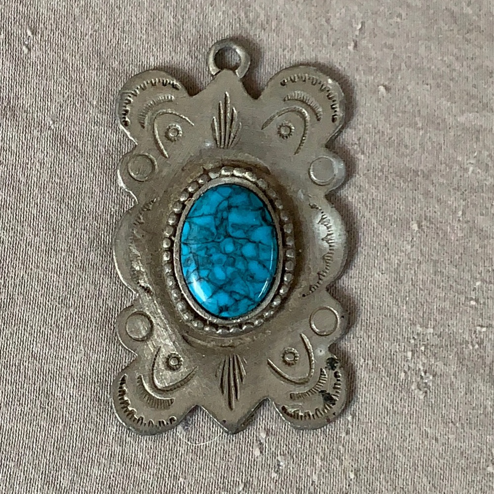 Vintage Pewter Necklace Pendant with Turquoise Gem